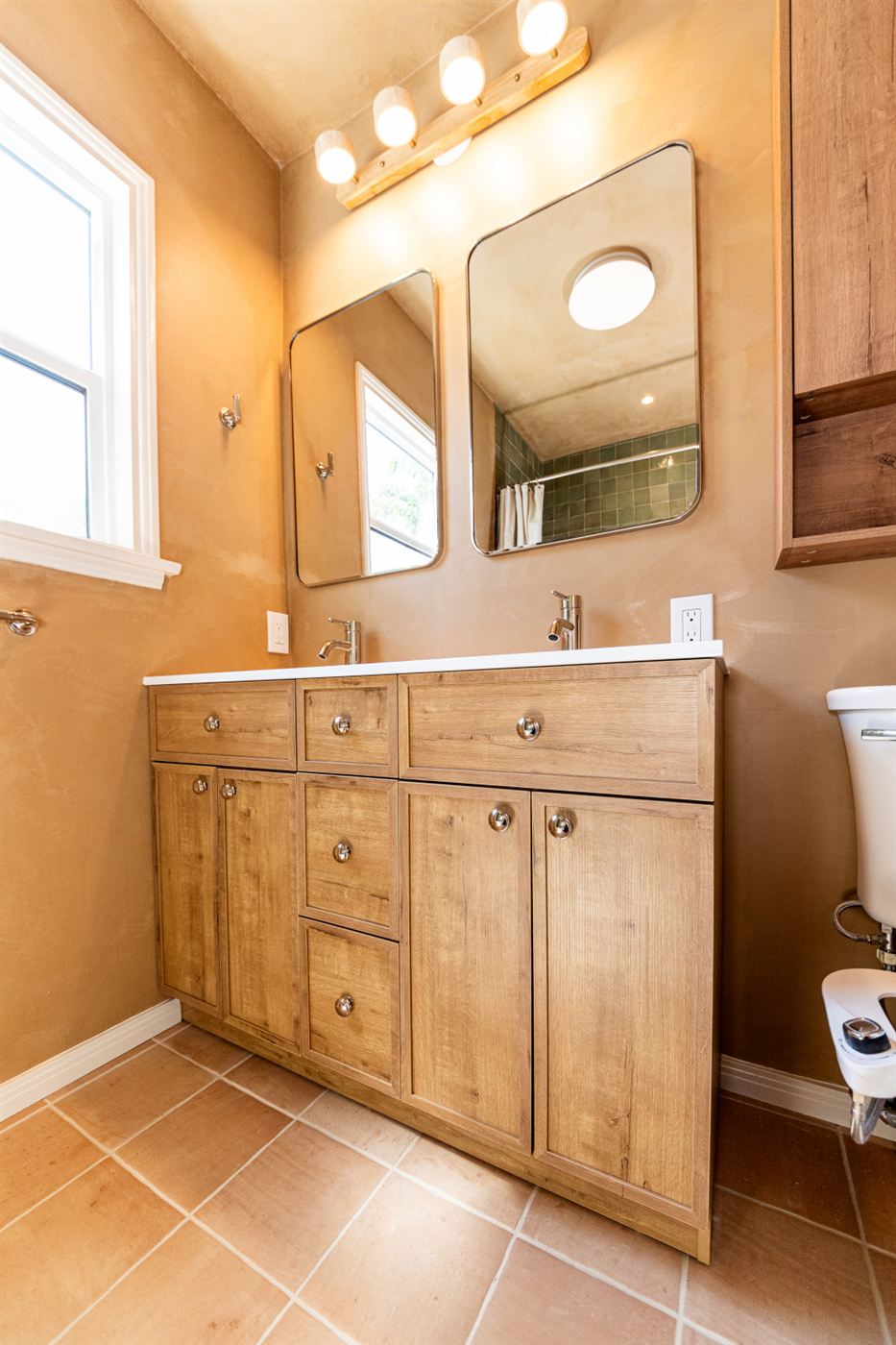Woodland Hills bathroom — custom oak double vanity with white quartz countertop, by ARKO Remodeling
