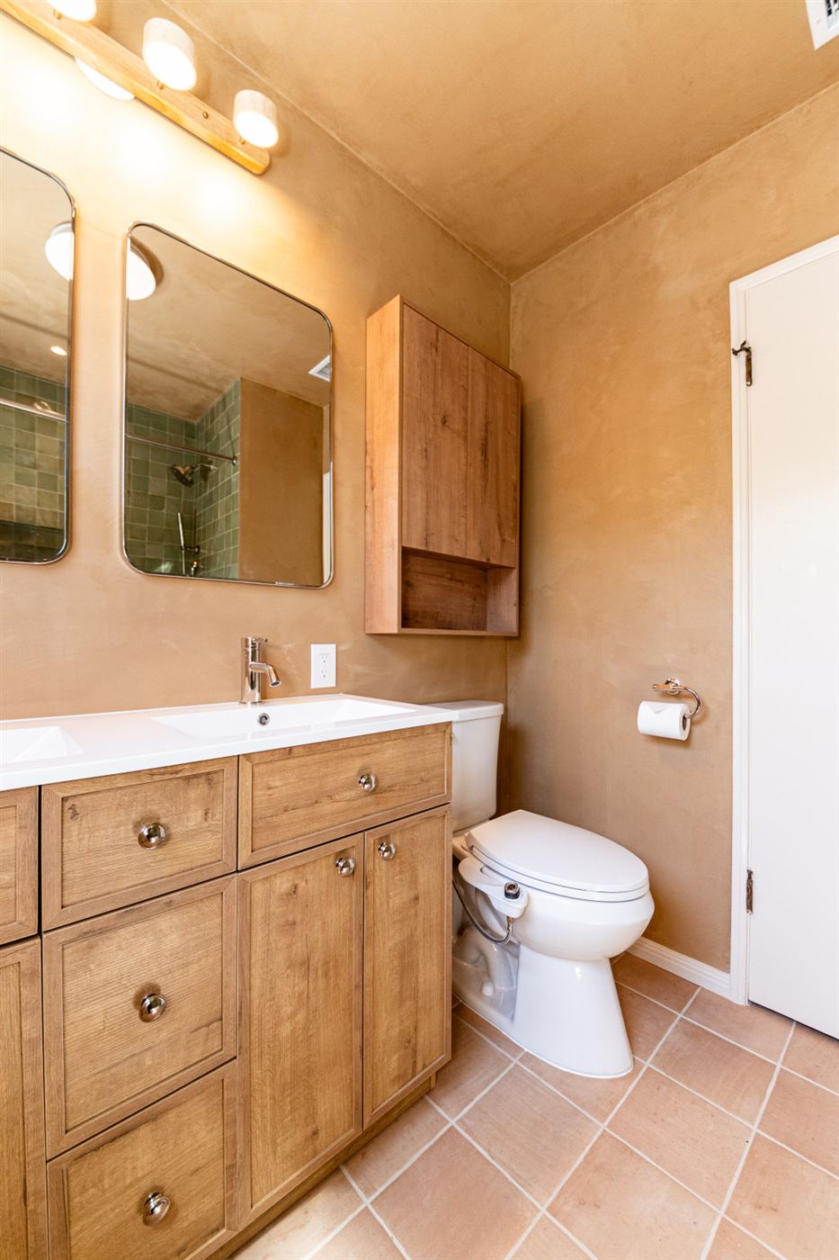Woodland Hills bathroom — custom oak double vanity with white quartz countertop, by ARKO Remodeling