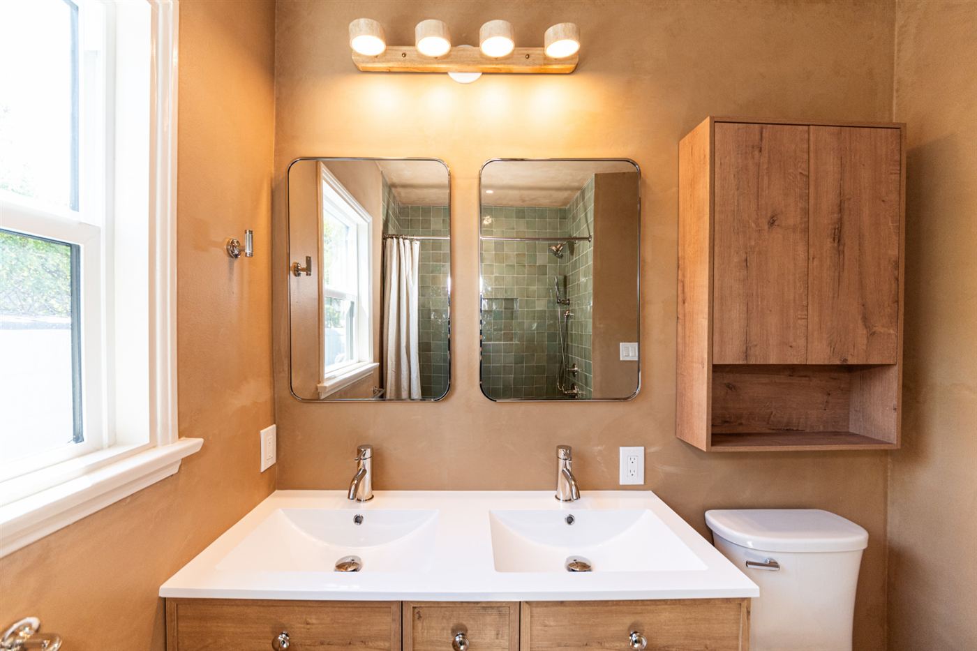 Woodland Hills bathroom — custom oak double vanity with white quartz countertop, by ARKO Remodeling