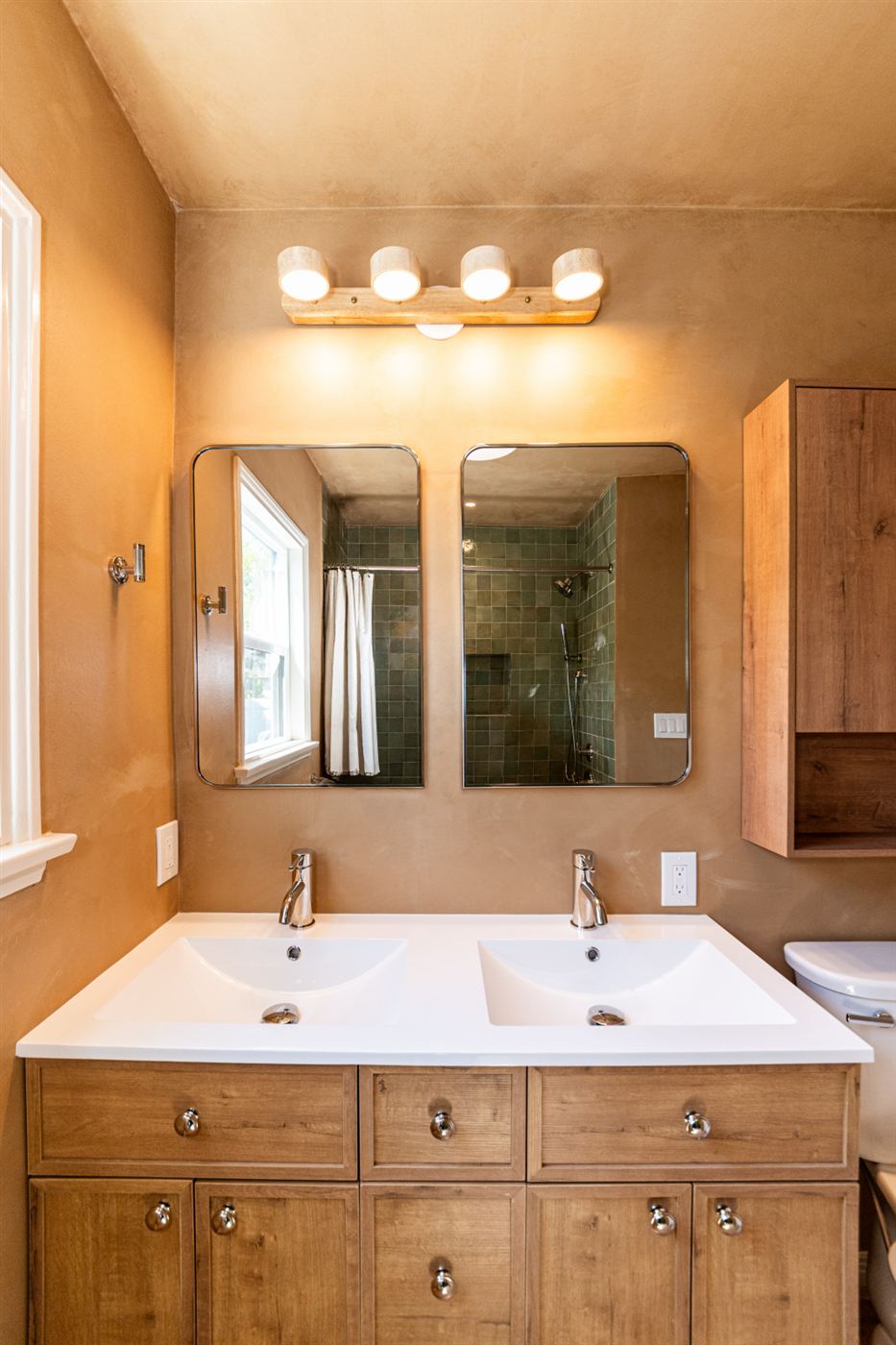 Woodland Hills bathroom — custom oak double vanity with white quartz countertop, by ARKO Remodeling