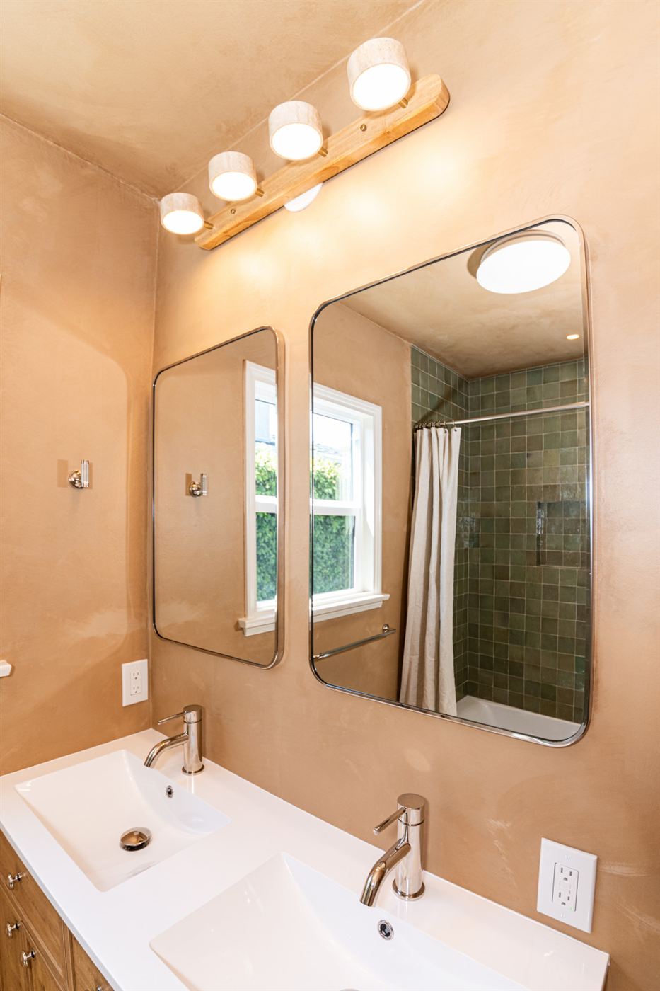 Woodland Hills bathroom — custom oak double vanity with white quartz countertop, by ARKO Remodeling