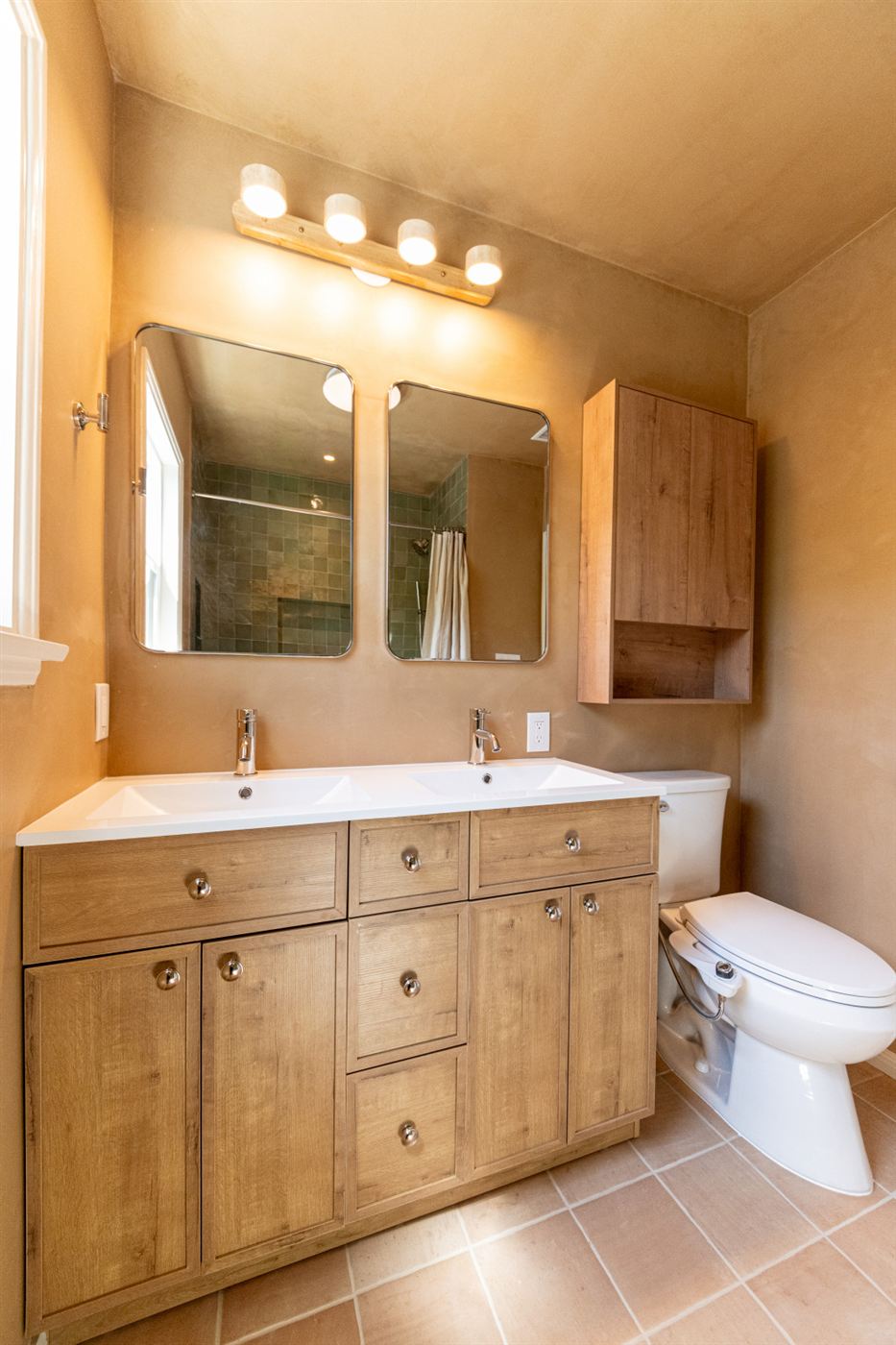 Woodland Hills bathroom — custom oak double vanity with white quartz countertop, by ARKO Remodeling